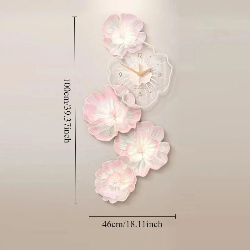 Pink Flower Light Luxury Wall Clock Creative Home Decor Painting for Living Room Wall Hanging Corridor Mural Clock Ornaments